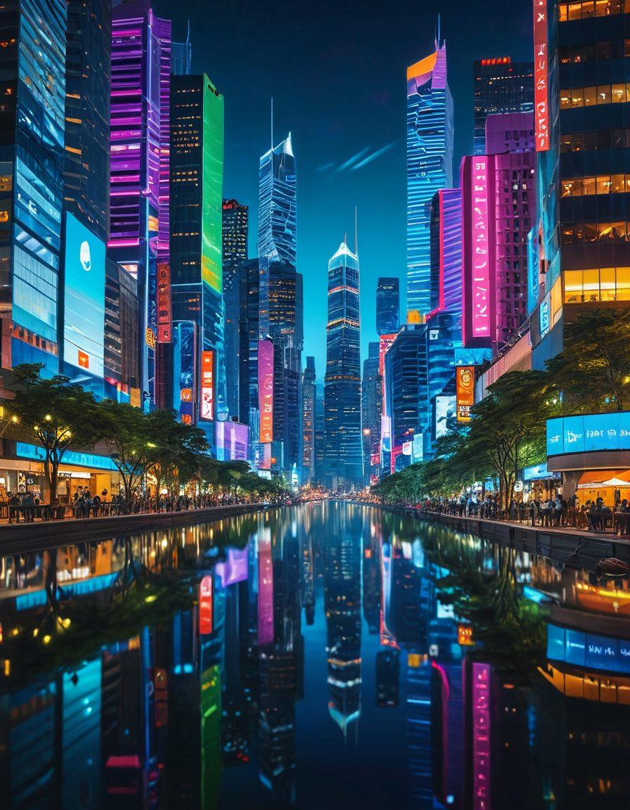 A split-scene image showcasing a vibrant urban landscape on one side, bustling with skyscrapers and people, transitioning into a serene remote wilderness on the other, featuring mountains and a tranquil lake. Include elements like streaming icons and digital screens blending into the scenery to represent real-time streaming technology. Capture contrasting colors and textures between the urban and natural settings. super-realistic. vibrant colors. dynamic composition.
