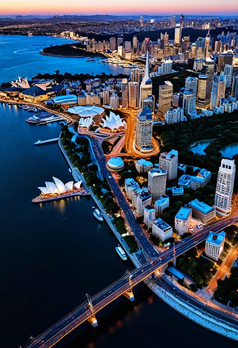 A high-definition live camera capturing a breathtaking panoramic view of various global landmarks like the Eiffel Tower, the Great Wall of China, and the Sydney Opera House, all blended into one vibrant scene. Streams of real-time data flow across the image, showcasing live interactions like comments and viewer counts. The skyline changes from day to night as the camera pans, illustrating the essence of exploration in real-time. Super-realistic. vibrant colors. white background.