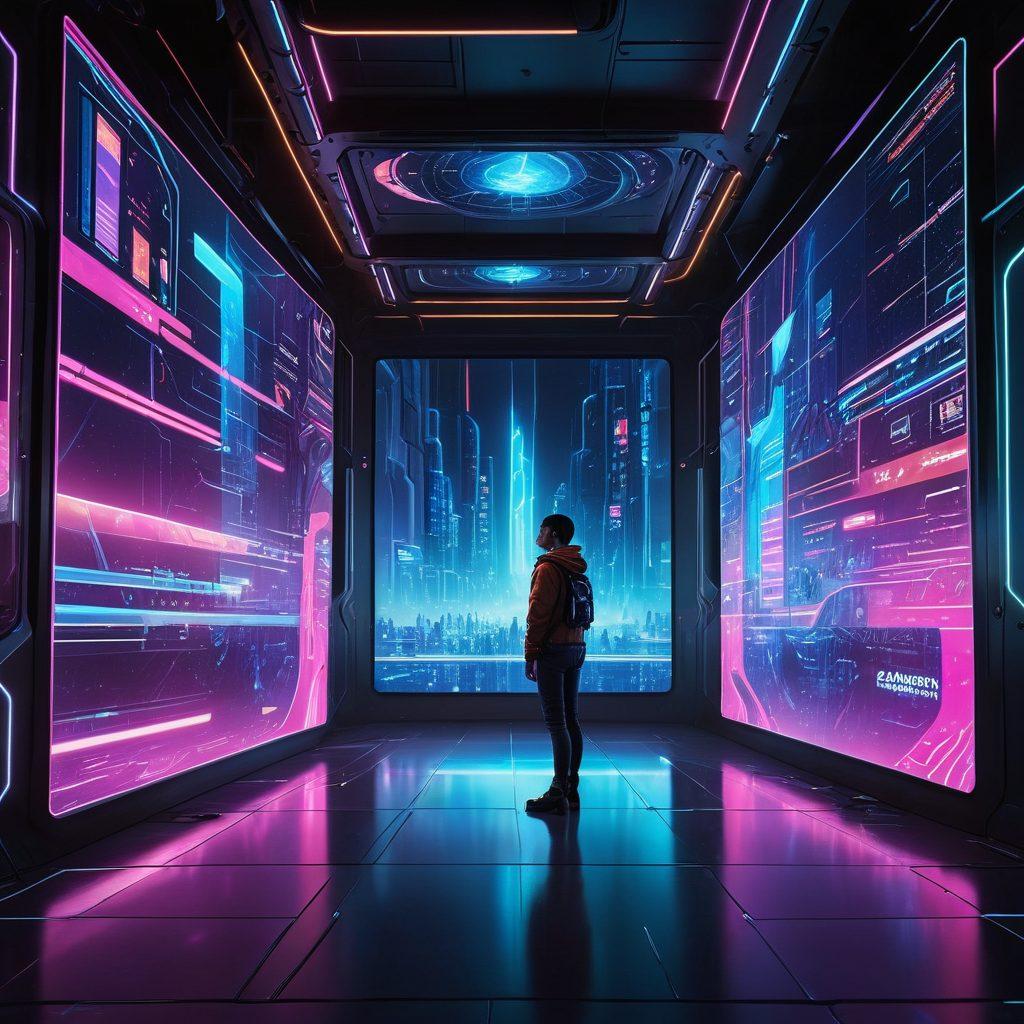 A futuristic control panel with holographic screens displaying vibrant high-definition live footage from various locations around the world. Include a person interacting with the holograms, showcasing a mix of awe and excitement. The background should be a sleek, modern tech environment representing advanced technology. Incorporate bright neon colors and dynamic elements to convey motion and innovation. cyberpunk. super-realistic. vibrant colors.